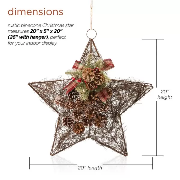 Alpine Corporation 20 in. Tall Hanging Rustic Pinecone Christmas Star Decor