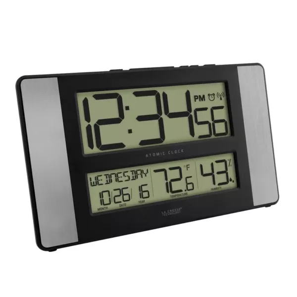 La Crosse Technology 11 in. x 7 in. Atomic Digital Clock with Temperature and Humidity in Aluminum Finish