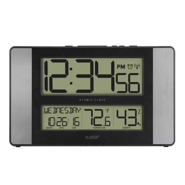 La Crosse Technology 11 in. x 7 in. Atomic Digital Clock with Temperature and Humidity in Aluminum Finish