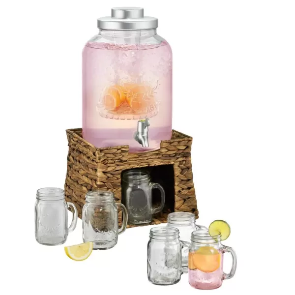 Artland Garden Terrace 3 Gal. Glass Bev Dispenser with Chiller/Infuser, Water Hyacinth Stand, and 6-Glass Mason Jar Mugs 15 oz.