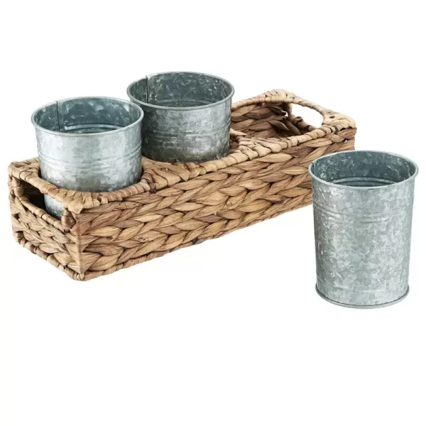 Artland Garden Terrace Flatware Caddy 13.75x5.x5.5, Water Hyacinth and 3 Galvanized Cups