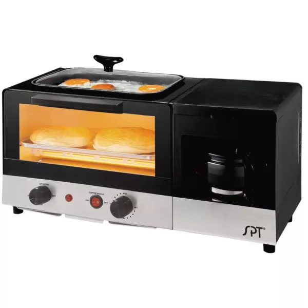 SPT Breakfast Center 1450 W 2-Slice Black and Stainless Steel Toaster Oven with Griddle and Coffee Maker