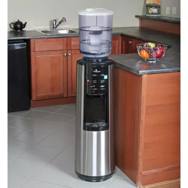 VITAPUR 3-5 Gal. Hot/Room/Cold Temperature Top Load Water Cooler Dispenser with Kettle Feature in Stainless Steel/Black