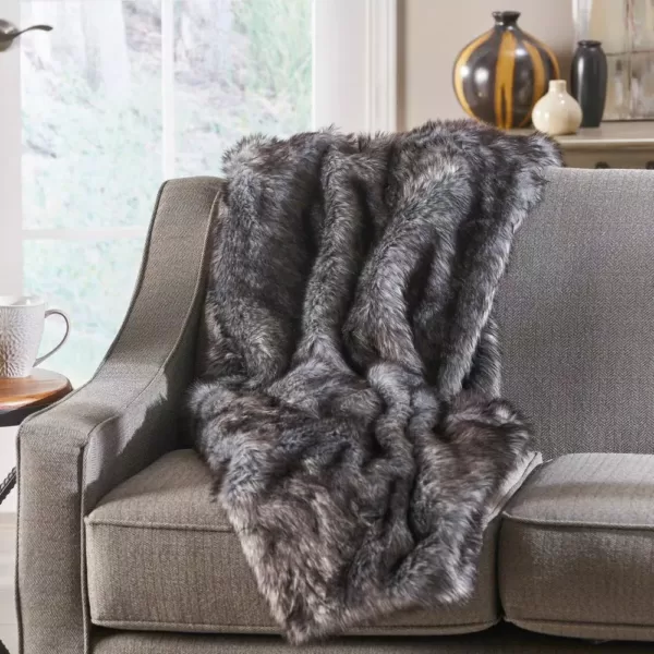 Noble House Warrin Black and White Streak Faux Fur Throw Blanket