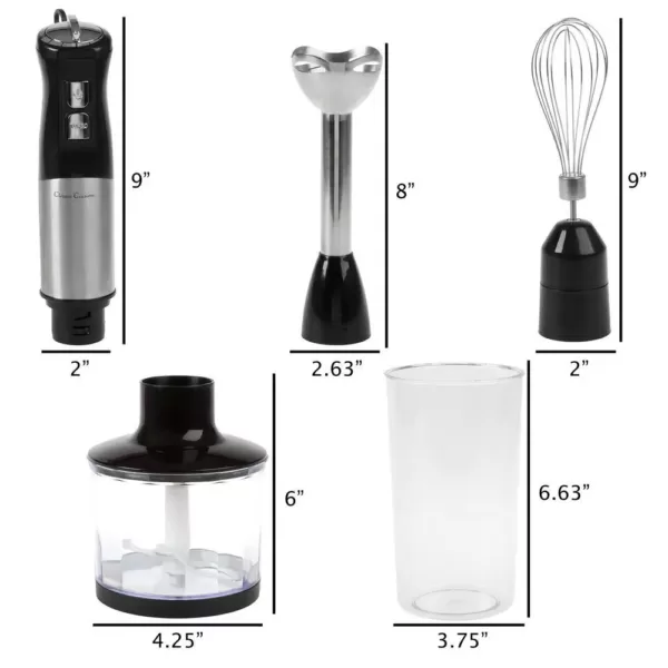 Classic Cuisine 6-Speed 4-in-1 Black Immersion Blender with Chopper and Whisk Attachment