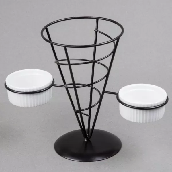 Creative Home Black Iron Wire French Fry Holder Set with Single Cone Holder, 2-Ceramic Ramekins for Dipping Sauce