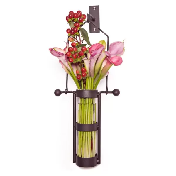 DANYA B Urbanne Rustic Black Metal Wall Mount Hanging Glass Cylinder Decorative Vases (Set of 2)