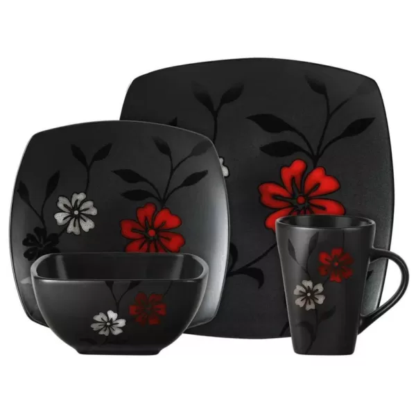 GIBSON elite Evening Blossom 16-Piece Casual Black Stoneware Dinnerware Set (Service for 4)