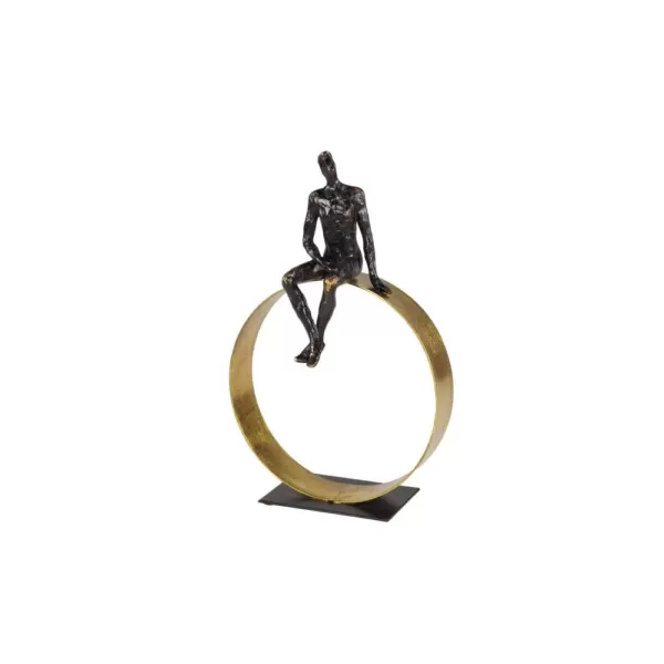 LITTON LANE Textured Black Resin Human Man Figurine in Metallic Gold Circle Statue