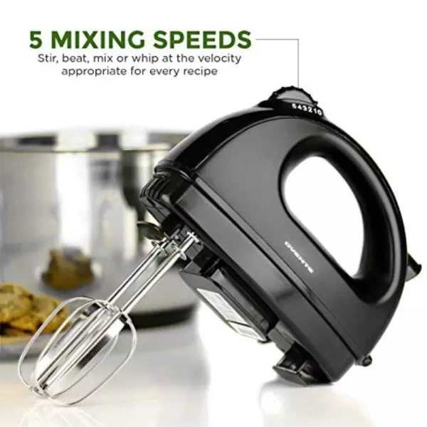 Ovente 5-Speed Hand Mixer Stainless Steel Chrome Beaters and Free Snap-On Case, 150W, Black