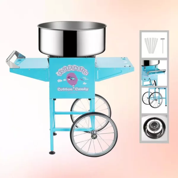 Great Northern Blue Cotton Candy Machine and Cart- Flufftastic Floss Maker- Stainless Steel Pan, 2 Side Trays & 13 in. Wheels