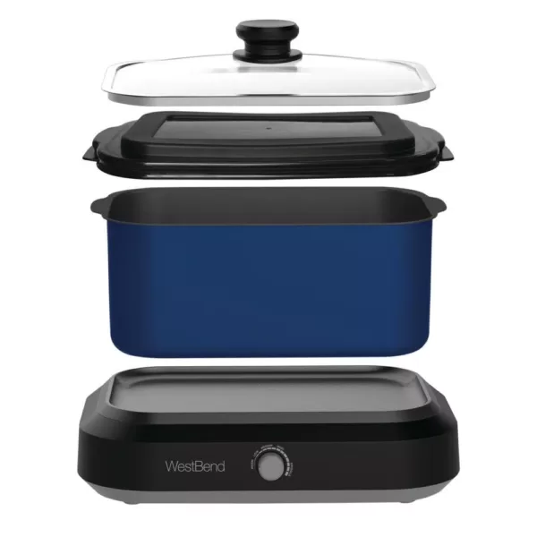 West Bend 6 qt. Blue Non-Stick Versatility Slow Cooker with 5-Temperature Settings Includes Travel Lid and Thermal Tote