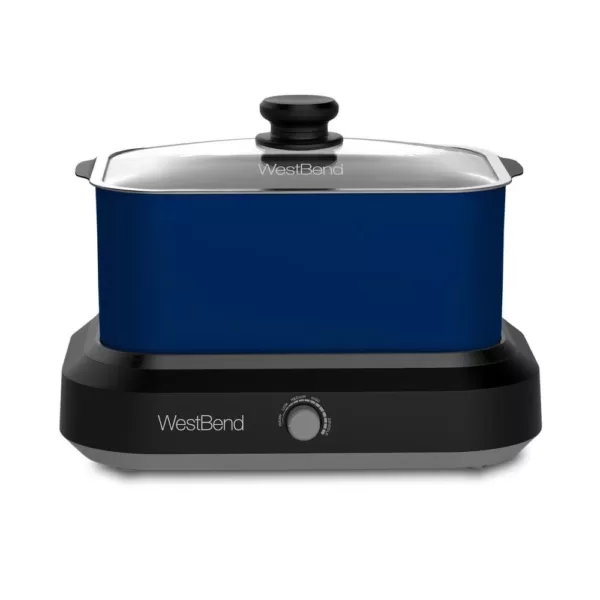 West Bend 6 qt. Blue Non-Stick Versatility Slow Cooker with 5-Temperature Settings Includes Travel Lid and Thermal Tote