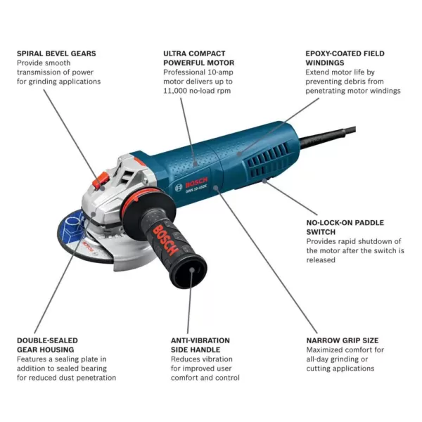 Bosch 10 Amp Corded 4-1/2 In. Angle Grinder with No Lock-On Paddle Switch