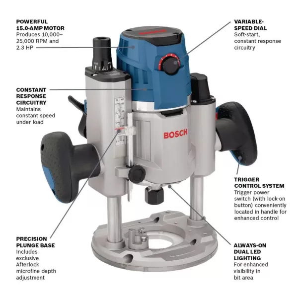 Bosch 15 Amp Corded 2.3 HP Electronic Variable-Speed 3-1/2 in. Plunge-Base Router with LED Light