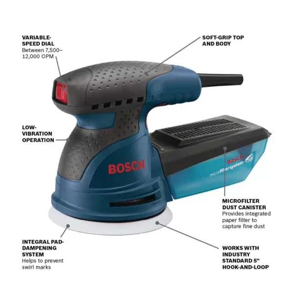 Bosch 2.5 Amp 5 in. Corded Variable Speed Random Orbital Sander/Polisher Kit with Hard Carrying Case