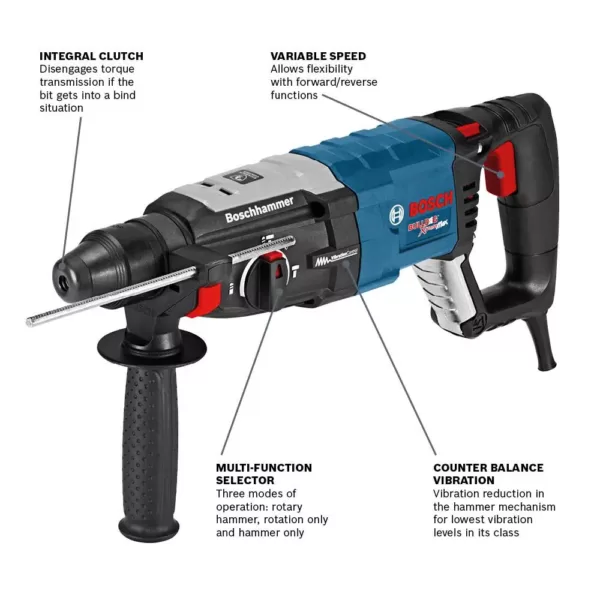 Bosch Reconditioned 8.5 A 1-1/8in. Corded SDS-Plus Rotary Hammer Drill w/ Case+Bulldog SDS-Plus Rotary Hammer Bit Set(6-Piece)