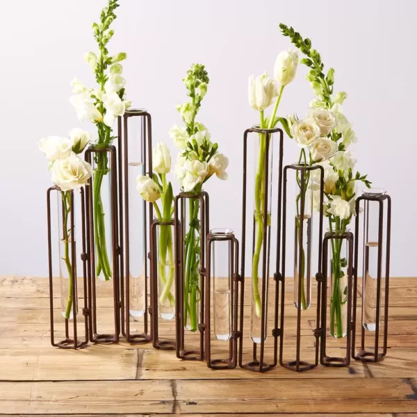 Two's Company 13 in. High Lavoisier Set of 10 Dark Brown Hinged Flower Vases with Antiqued Rusted Finish and Clear Glass Tubes