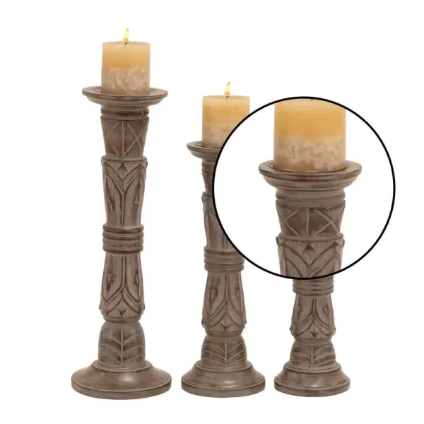 LITTON LANE Rustic Brown Carved Mango Wood Candle Holder (Set of 3)