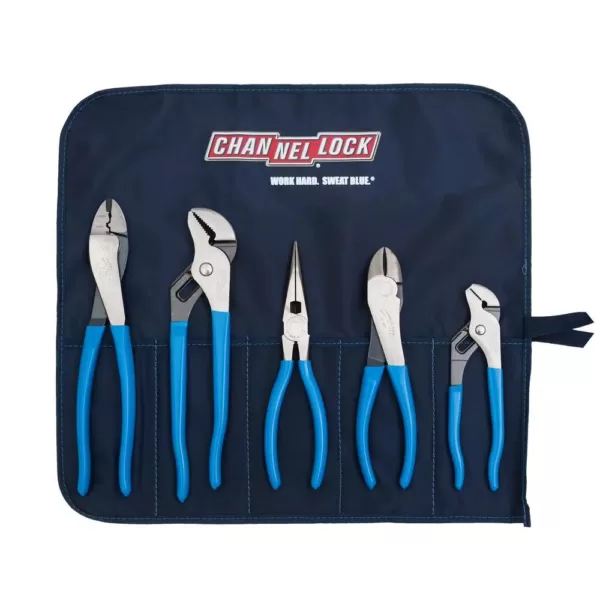 Channellock Tongue and Groove, Curved Diagonal Cutter, Long Nose and Crimper/Cutter Plier Set with Tool Roll (5-Piece)