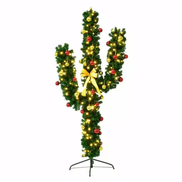 Costway 7 ft. Pre-Lit Cactus Artificial Christmas Tree with LED Lights and Ball Ornaments