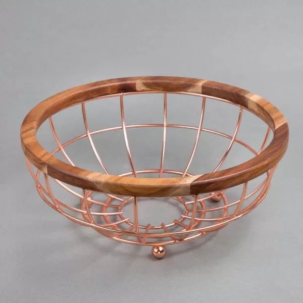 Creative Home Deluxe Acacia Copper Plated Wood and Iron Wire Fruit Basket Fruit Bowl