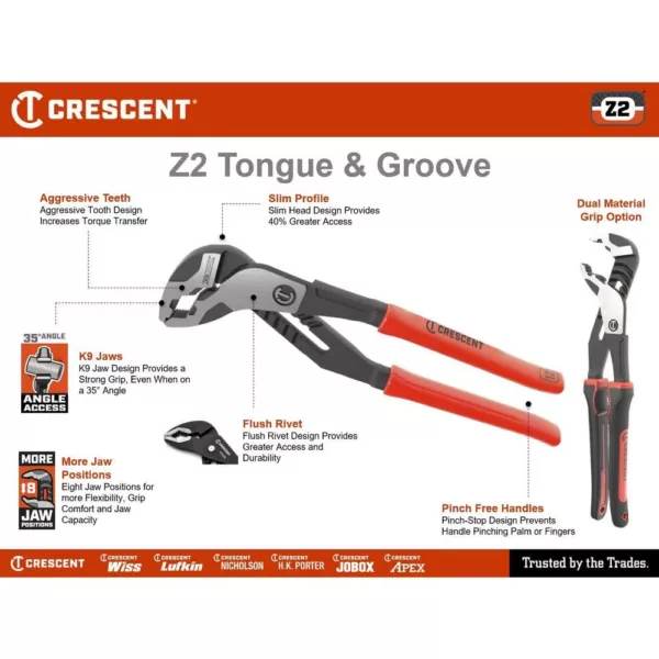 Crescent 10 in. Z2 K9 V-Jaw Dual Material Tongue and Groove Pliers