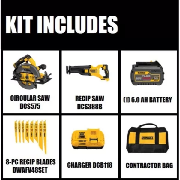 DEWALT FLEXVOLT 60-Volt MAX Cordless Brushless 7-1/4 in. Circular Saw, (1) FLEXVOLT 6.0Ah Battery, Recip Saw & 8-Blade Set