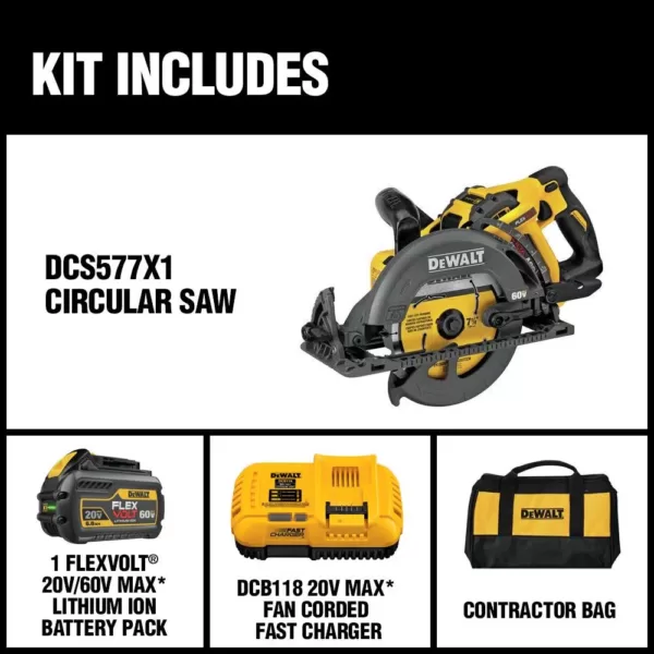 DEWALT FLEXVOLT 60-Volt MAX Cordless Brushless 7-1/4 in. Wormdrive Style Circular Saw with (1) FLEXVOLT 9.0Ah Battery