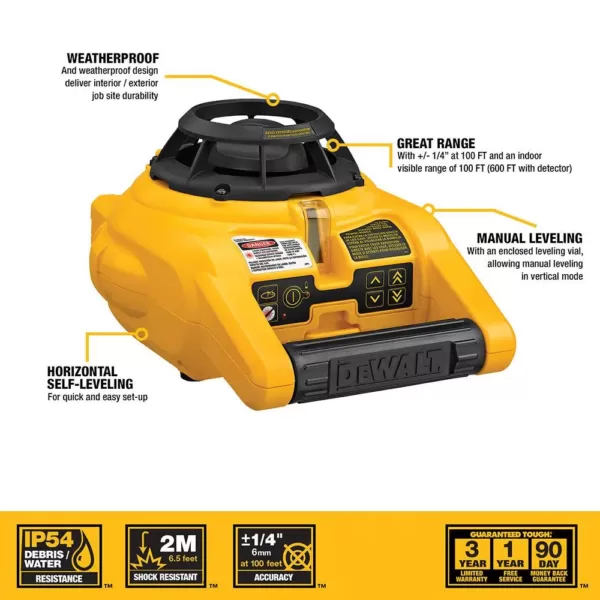 DEWALT 150 ft. Red Self-Leveling Rotary Laser Level with Detector & Clamp, Wall Mount, Remote, Bag, (2) D & (1) 9-Volt battery