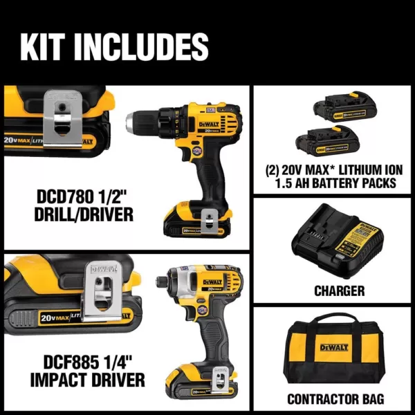 DEWALT 20-Volt MAX Cordless Drill/Impact Combo Kit (2-Tool) with (2) 20-Volt 1.5Ah Batteries, Charger & Bag