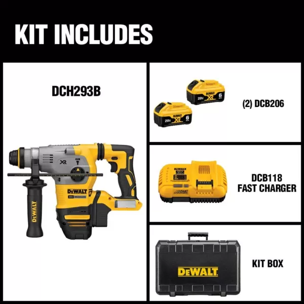 DEWALT 20-Volt MAX XR Cordless Brushless 1-1/8 in. SDS Plus L-Shape Rotary Hammer, (2) 20-Volt 6.0Ah Batteries & Charger