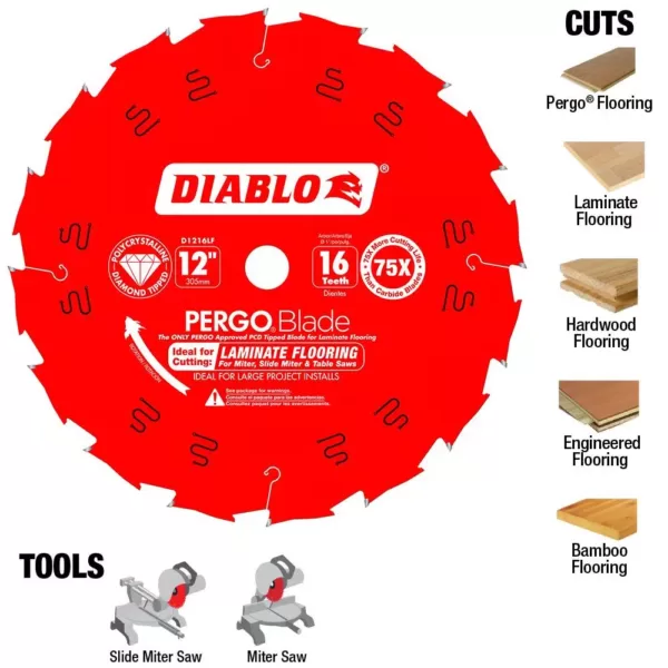 DIABLO 12 in. x 16-Tooth Polycrystalline-Diamond (PCD) Tipped Ultimate Flooring Blade