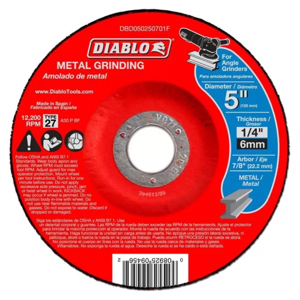 DIABLO 5 in. x 1/4 in. x 7/8 in. Metal Grinding Disc with Type 27 Depressed Center (10-Pack)