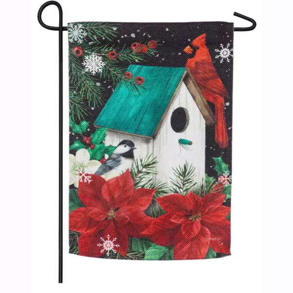 Evergreen 18 in. x 12.5 in. Poinsettia Birdhouse Garden Textured Suede Flag