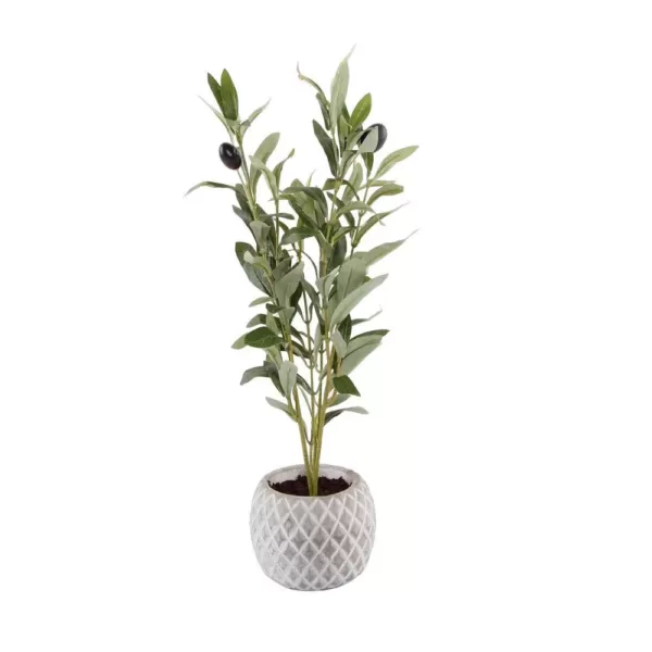 Flora Bunda 14 in. Faux Olive Branch in 4 in White Pineapple Pattern Cement Pot