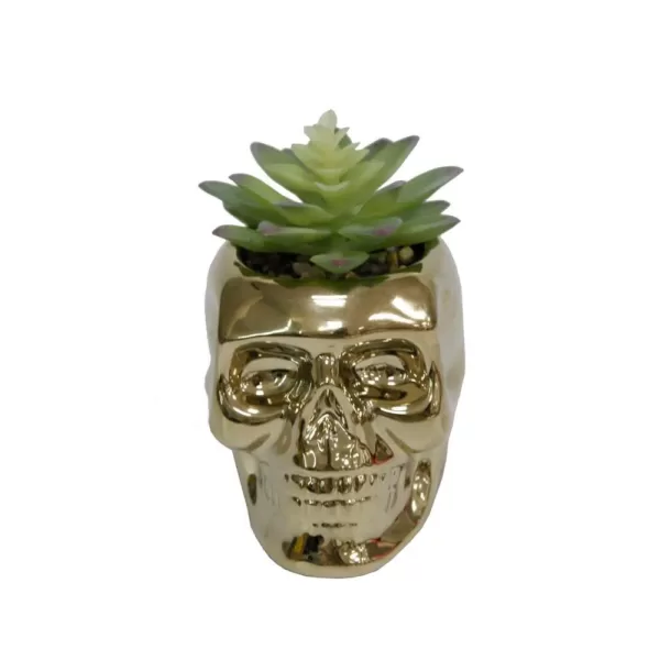 Flora Bunda 5.1 in. x 4 in. Artificial Succulent in Metallic Gold Ceramic Sugar Skull