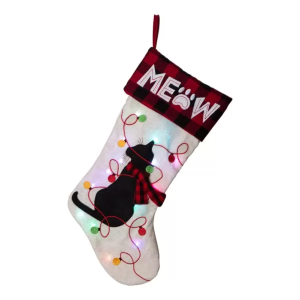 Glitzhome 21 in. L LED Embroidered Linen Christmas Stocking - Cat