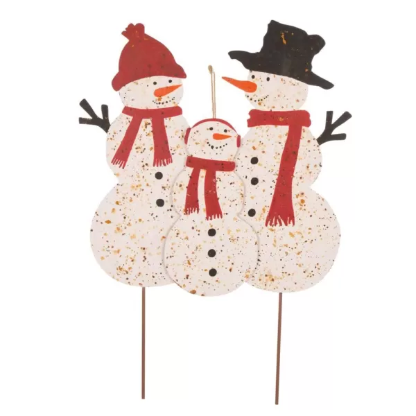 Glitzhome 29.92 in. H Rusty Metal Snowman Family Yard Stake or Standing Decor or Wall Decor