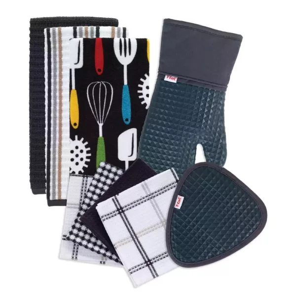 RITZ T-Fal Charcoal Cotton Utensils Print, Solids and Stripes Kitchen Textile Set (Set of 9)