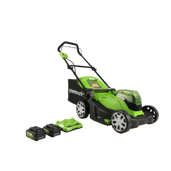 Greenworks 17 in. 48-Volt (2 x 24V) Battery Cordless Walk Behind Push Lawn Mower w/ 4.0 Ah Batteries & Dual Port Charger MO48B2210