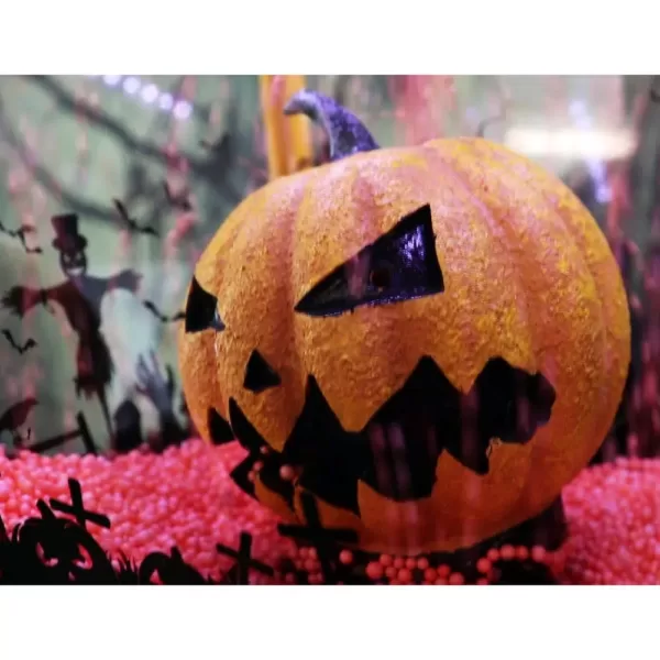 Haunted Hill Farm 71 in. Orange Jack-O-Lantern Halloween Lamp Post with Animation and Spooky Music