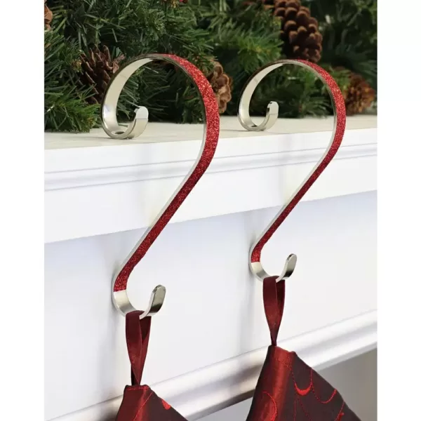 Haute Decor 6 in. Steel Red Glitter Stocking Scrolls Holders (2-Pack)