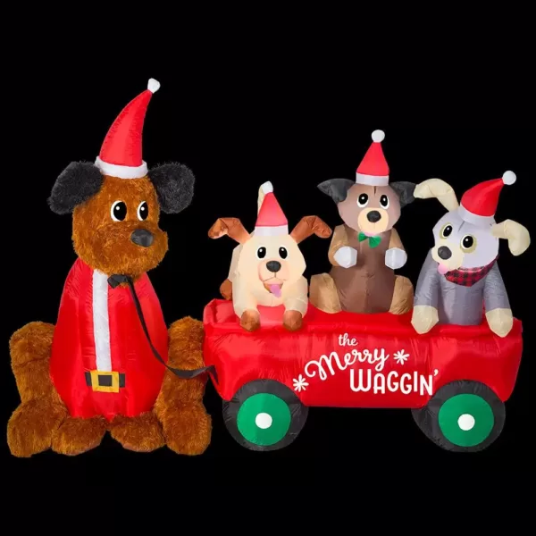 Home Accents Holiday 7 ft. W Pre-Lit Life Size Inflatable Wagon with Christmas Puppies Scene