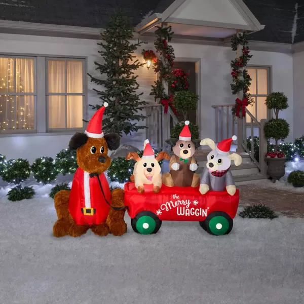 Home Accents Holiday 7 ft. W Pre-Lit Life Size Inflatable Wagon with Christmas Puppies Scene