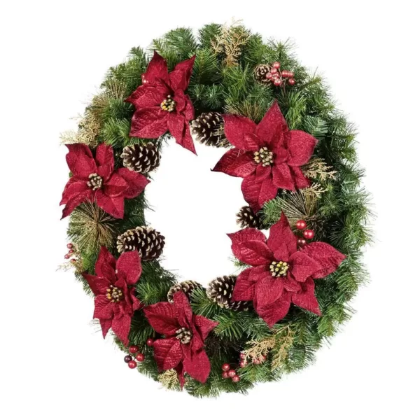 Home Accents Holiday 36 in. Burgundy Poinsettia Pine Wreath with Berries, Gold Glitter Cedar and Pinecones