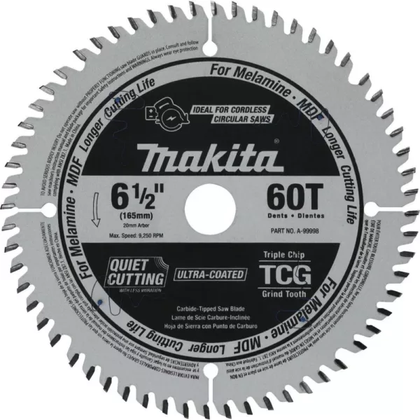 Makita 6-1/2 in. 60T (TCG) Carbide Tipped Cordless Plunge Saw Blade, MDF, Laminate