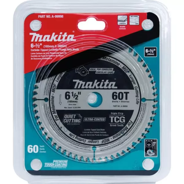 Makita 6-1/2 in. 60T (TCG) Carbide Tipped Cordless Plunge Saw Blade, MDF, Laminate