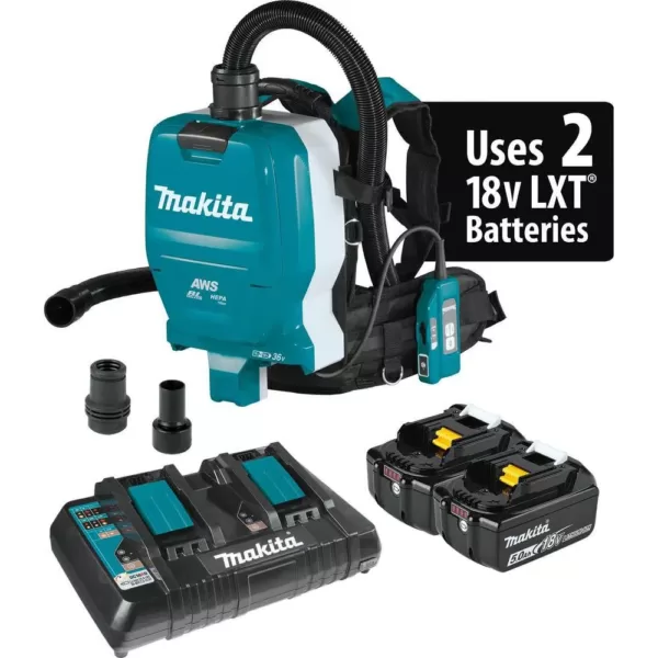 Makita 18-Volt X2 LXT Lithium-Ion (36V) Brushless 1/2 Gal. HEPA Filter Backpack Dry Dust Extractor Kit, AWS Capable (5.0 Ah)