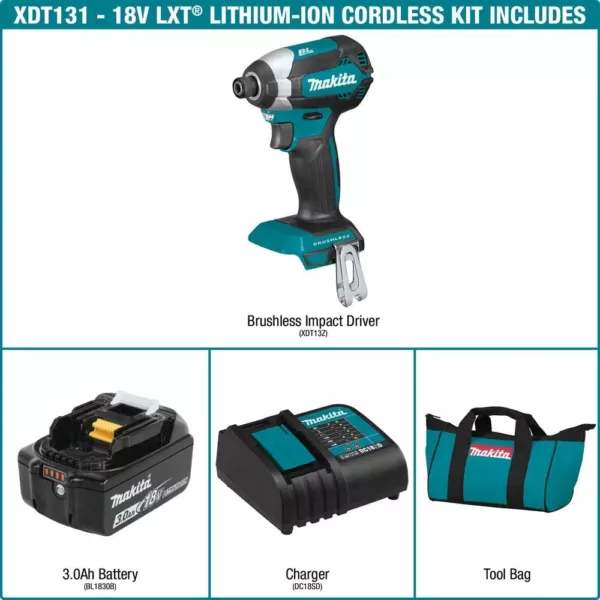 Makita 18-Volt LXT Lithium-Ion Brushless Cordless Impact Driver Kit with (1) Battery 3.0Ah